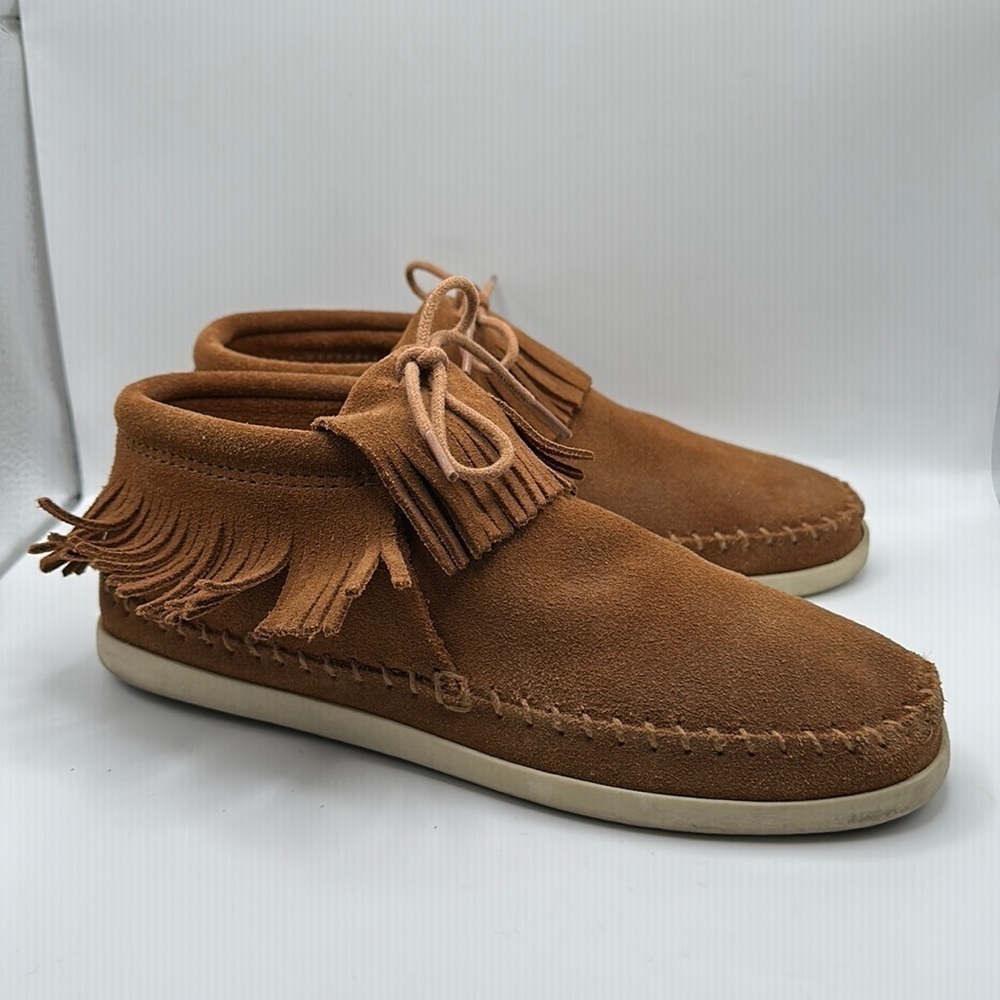 MINNETONKA BROWN LEATHER FRINGE PULL ON ANKLE BOOTIES SHOES WOMEN’S SZ 8